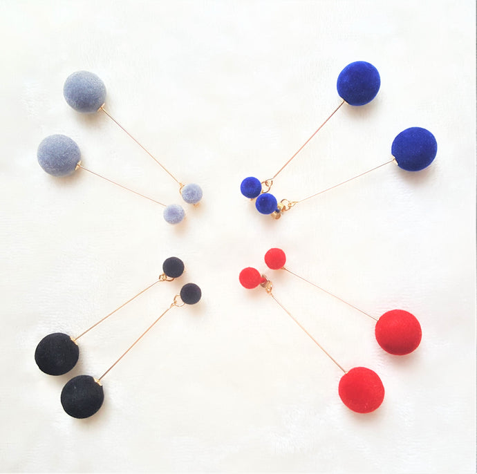 Velvet Bon Bon Ball Drop Ear Jacket Earrings, Grey Black Blue Red Ball Les bon bon Gold, Statement Earrings - Urban Flair USA