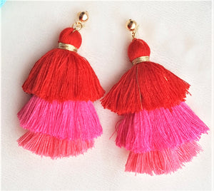 Earrings Layered Tassel Gold tone Stud Red Pink Coral Chic Fashion Earring, Beach Earrings, Statement Earring - Urban Flair USA