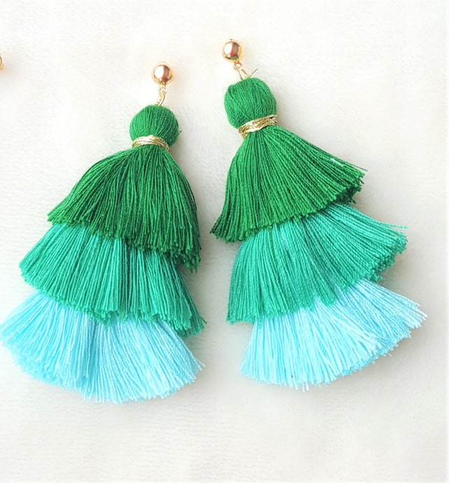 Earrings Layered Tassel Gold tone Stud Green Blue Chic Fashion Earring, Beach Earrings, Statement Earring - Urban Flair USA