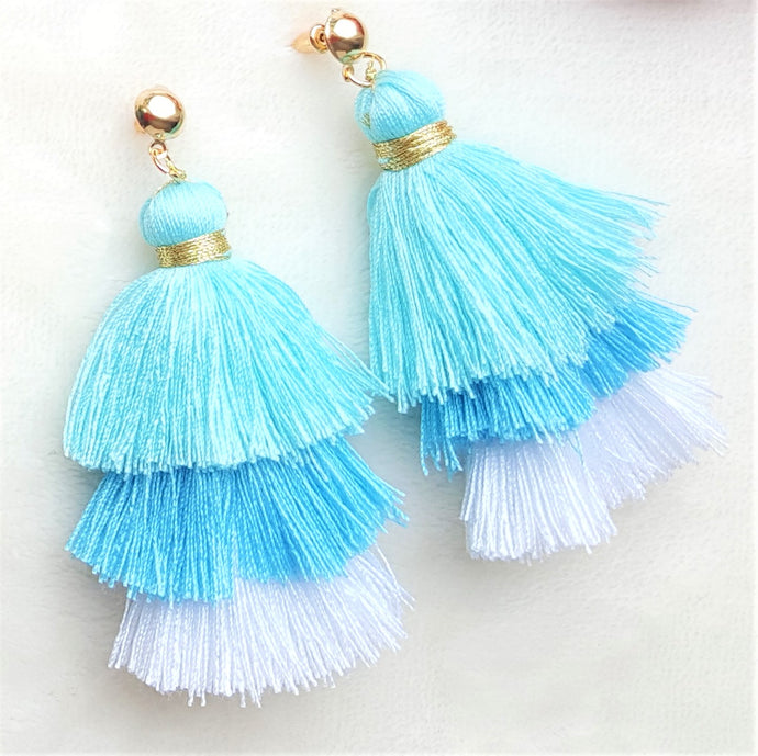 Earrings Layered Tassel Gold tone Stud White Blue Chic Fashion Earring, Beach Earrings, Statement Earring - Urban Flair USA