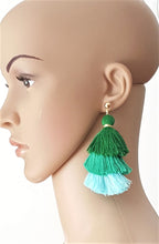 Load image into Gallery viewer, Earrings Layered Tassel Gold tone Stud Green Blue Chic Fashion Earring, Beach Earrings, Statement Earring - Urban Flair USA