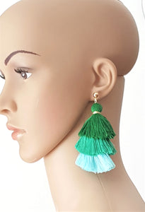 Earrings Layered Tassel Gold tone Stud Green Blue Chic Fashion Earring, Beach Earrings, Statement Earring - Urban Flair USA
