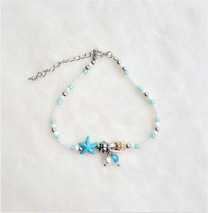 Anklet Bead Pearl Charm Starfish Shell White Blue Beads with Lobster Closure, Beach Jewelry - Urban Flair USA