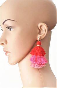 Earrings Layered Tassel Gold tone Stud Red Pink Coral Chic Fashion Earring, Beach Earrings, Statement Earring - Urban Flair USA