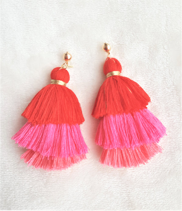 Earrings Layered Tassel Gold tone Stud Red Pink Coral Chic Fashion Earring, Beach Earrings, Statement Earring - Urban Flair USA