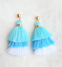 Load image into Gallery viewer, Earrings Layered Tassel Gold tone Stud White Blue Chic Fashion Earring, Beach Earrings, Statement Earring - Urban Flair USA