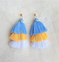 Load image into Gallery viewer, Earrings Layered Tassel Gold tone Stud Blue Yellow White Chic Fashion Earring, Beach Earrings, Statement Earring - Urban Flair USA