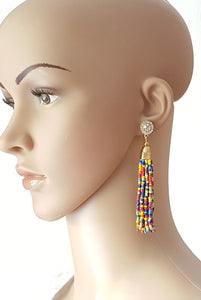 Beaded Tassel Earrings Crystal Rhinestone Stud Multicolored Gold, Boho Chic Designer Jewelry, Statement Earring,Gift for Her by UrbanFlair - Urban Flair USA