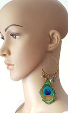 Load image into Gallery viewer, Peacock Feather Hooped Earring Leaf Charm Wood beads Oxidized Gold Charms, Peacock Feather Jewelry - Urban Flair USA