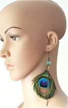 Load image into Gallery viewer, Earrings Peacock Feather Leaf Charm Blue bead Oxidized Gold Chain, Peacock Feather Jewelry - Urban Flair USA