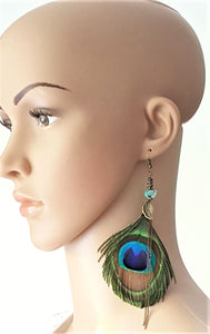 Earrings Peacock Feather Leaf Charm Blue bead Oxidized Gold Chain, Peacock Feather Jewelry - Urban Flair USA