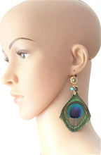 Load image into Gallery viewer, Peacock Feather Earrings Turquoise stone Wooden bead Antique Gold Charm Earring, Peacock Jewelry - Urban Flair USA