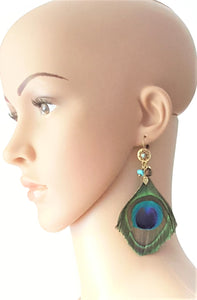 Peacock Feather Earrings Turquoise stone Wooden bead Antique Gold Charm Earring, Peacock Jewelry - Urban Flair USA
