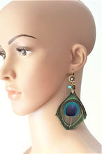 Load image into Gallery viewer, Peacock Feather Earrings Turquoise stone Wooden bead Antique Gold Charm Earring, Peacock Jewelry - Urban Flair USA