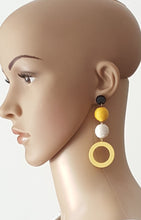 Load image into Gallery viewer, Bon Bon White Yellow Thread Wood Hoop Circle Round Earring on Black Stud - Urban Flair USA