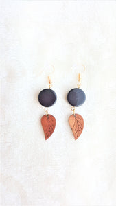 Wood Earrings Leaf, Acrylic Black Bead - Urban Flair USA