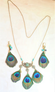 Peacock Feather Long Chain Necklace Earrings Set, Peacock Feather Jewelry Set - Urban Flair USA