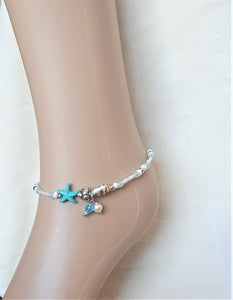 Anklet Bead Pearl Charm Starfish Shell White Blue Beads with Lobster Closure, Beach Jewelry - Urban Flair USA