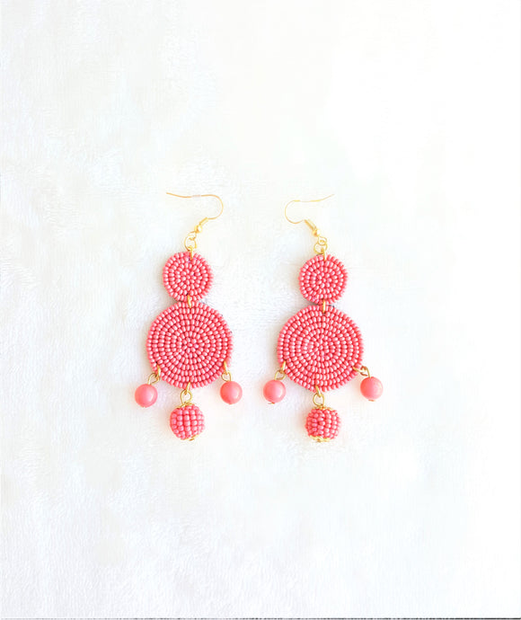 Beaded Drop Earrings Coral, Seed Beaded Disc Drop Earrings, Statement Earrings - Urban Flair USA