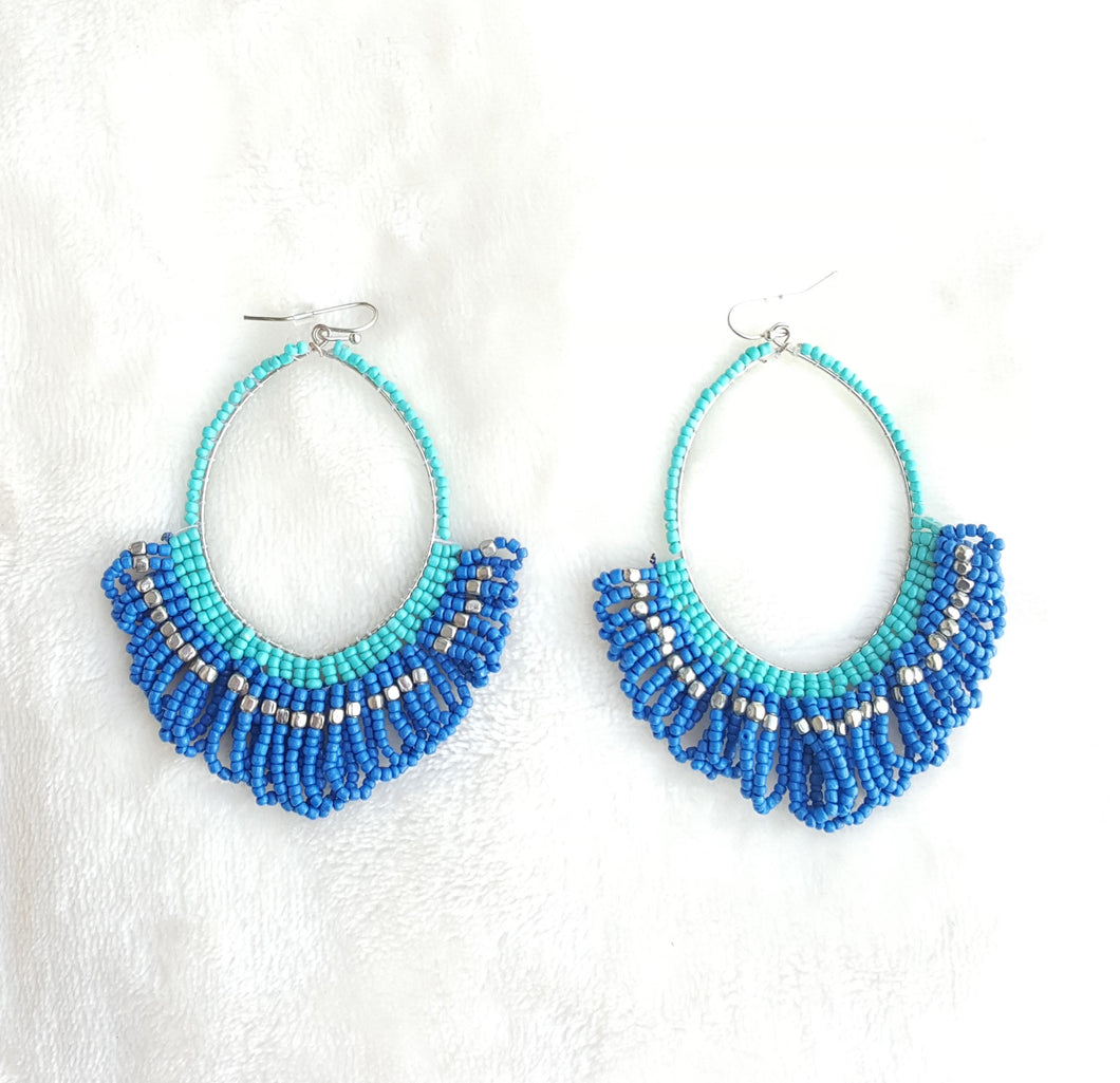 Beaded Hoop Fringe Earrings Blue Turquoise Silver, Statement Earrings - Urban Flair USA