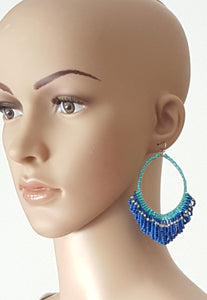 Beaded Hoop Fringe Earrings Blue Turquoise Silver, Statement Earrings - Urban Flair USA