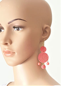 Beaded Drop Earrings Coral, Seed Beaded Disc Drop Earrings, Statement Earrings - Urban Flair USA