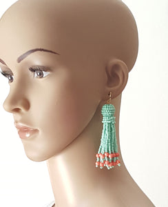 Beaded Tassel Earrings Green Coral, Boho Chic Jewelry Earrings, Statement Earring, Gift for Her - Urban Flair USA