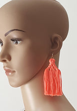 Load image into Gallery viewer, Earrings Thread Tassel Knotted Woven Orange Neon, Boho Earrings, Beach Earrings, Chic Fashion Earrings, Statement Earring, Gifts for Her - Urban Flair USA