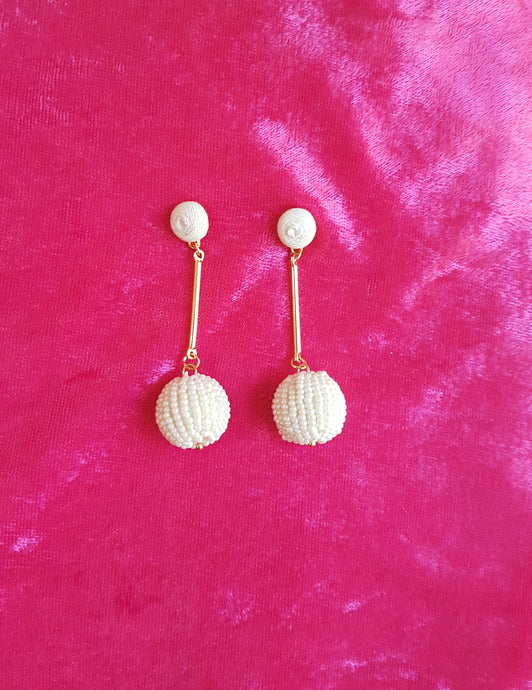 Beaded Pearl White Bon Bon Ball Drop Earrings on White Threaded Stud - Urban Flair USA