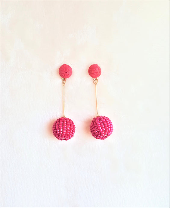 Beaded Fushia Ball Drop Earrings on Red Threaded Stud - Urban Flair USA