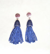 Load image into Gallery viewer, Beaded Tassel Silver Stud Earring Navy Blue Drop Dangle, Boho Chic Designer Jewelry Earrings, Statement Earring, Gift for Her - Urban Flair USA