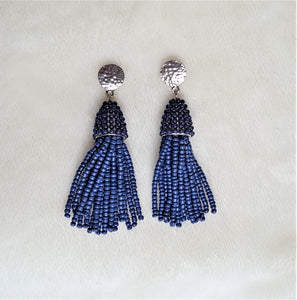 Beaded Tassel Silver Stud Earring Navy Blue Drop Dangle, Boho Chic Designer Jewelry Earrings, Statement Earring, Gift for Her - Urban Flair USA