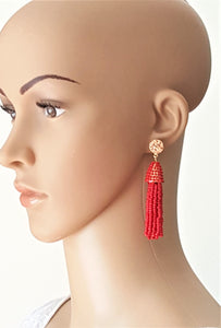 Beaded Tassel Red Gold Stud Earrings, Red Drop Dangle Earrings, Boho Chic Designer Jewelry Earrings, Statement Earring, Gift for Her - Urban Flair USA