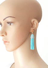 Load image into Gallery viewer, Beaded Tassel Gold Stud Earrings, Blue Turquoise Drop Dangle Earrings, Boho Chic Designer Jewelry Earrings, Statement Earring, Gift for Her - Urban Flair USA