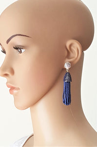 Beaded Tassel Silver Stud Earring Navy Blue Drop Dangle, Boho Chic Designer Jewelry Earrings, Statement Earring, Gift for Her - Urban Flair USA