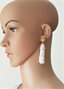 Beaded Tassel Gold Stud Earring White Drop Dangle Earring, Boho Chic Designer Jewelry Earrings, Statement Earring, Gift for Her - Urban Flair USA