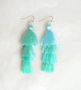 Layered Tassel Earrings Silk Thread Green Blue Chic Fashion Earring, Beach Earrings, Statement Earring - Urban Flair USA
