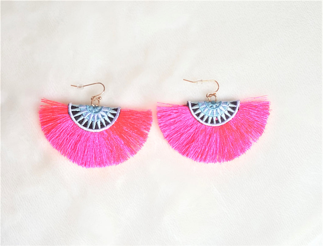 Fan Tassel Earrings Embroidered Neon Pink Ethnic Statement Earrings, Bohemian Jewelry - Urban Flair USA