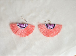 Fan Tassel Earrings Embroidered Coral Ethnic Statement Earrings, Bohemian Jewelry - Urban Flair USA