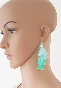 Layered Tassel Earrings Silk Thread Green Blue Chic Fashion Earring, Beach Earrings, Statement Earring - Urban Flair USA