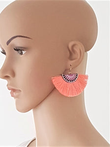 Fan Tassel Earrings Embroidered Coral Ethnic Statement Earrings, Bohemian Jewelry - Urban Flair USA