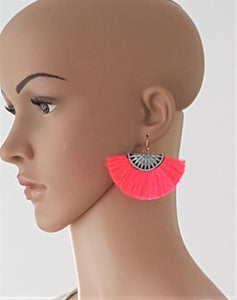Fan Tassel Earrings Embroidered Neon Pink Ethnic Statement Earrings, Bohemian Jewelry - Urban Flair USA