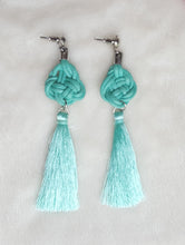 Load image into Gallery viewer, Earrings Silk Thread Tassel on Celtic Knot Green Coral, Statement Earrings - Urban Flair USA