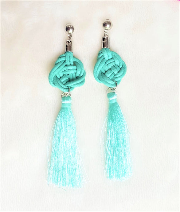 Earrings Silk Thread Tassel on Celtic Knot Green Coral, Statement Earrings - Urban Flair USA