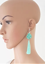 Load image into Gallery viewer, Earrings Silk Thread Tassel on Celtic Knot Green Coral, Statement Earrings - Urban Flair USA