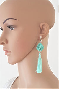 Earrings Silk Thread Tassel on Celtic Knot Green Coral, Statement Earrings - Urban Flair USA