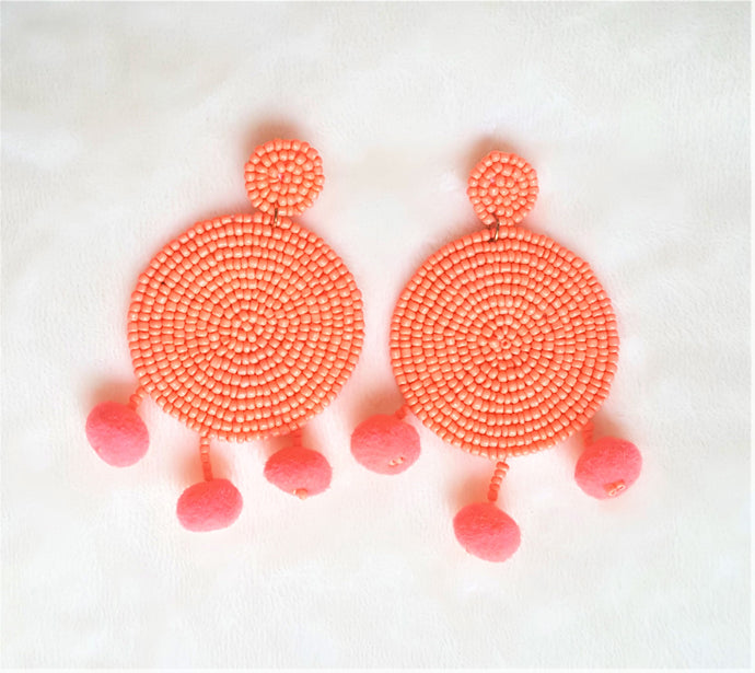 Pom Pom Earrings Orange Neon Seed Beaded Disc Drop Earrings, Statement Earrings - Urban Flair USA