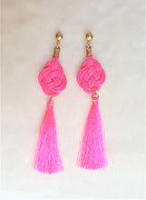 Load image into Gallery viewer, Earrings Silk Thread Tassel on Celtic Knot Pink, Statement Earrings - Urban Flair USA