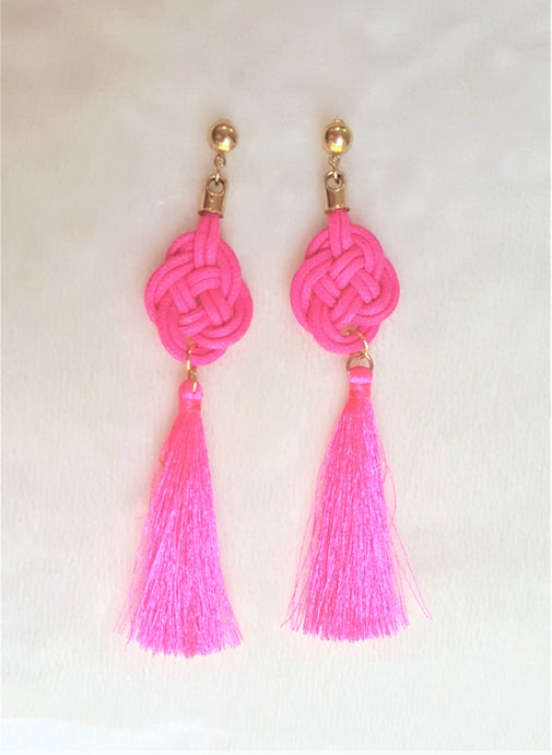 Earrings Silk Thread Tassel on Celtic Knot Pink, Statement Earrings - Urban Flair USA