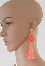 Load image into Gallery viewer, Earrings Silk Thread Tassel on Celtic Knot Orange Neon, Statement Earrings - Urban Flair USA